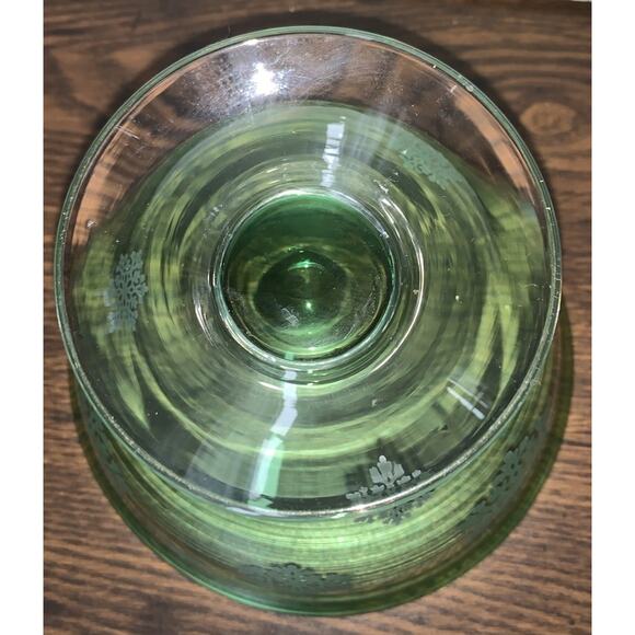 Vtg Handblown Green Glass Lead Crystal Compote, White Snowflakes 7"Diam x 5.75"T - Picture 5 of 5
